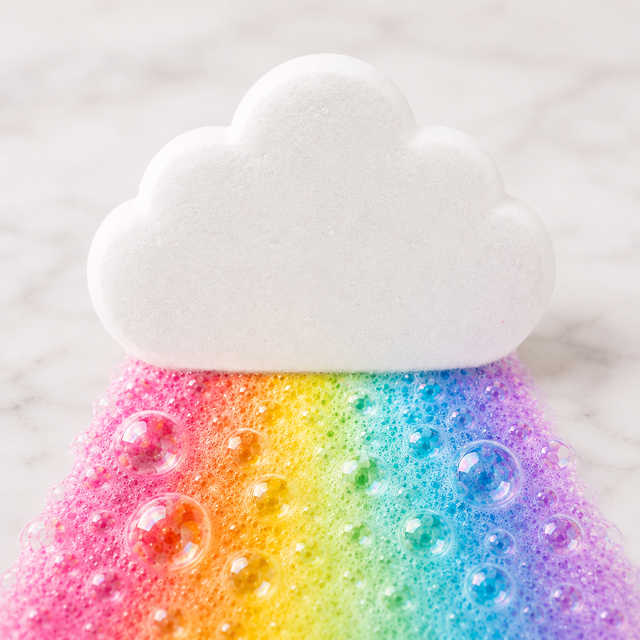 A white cloud-shaped bath bomb or soap bar resting on a bed of rainbow-colored foamy bubbles against a light marble background.